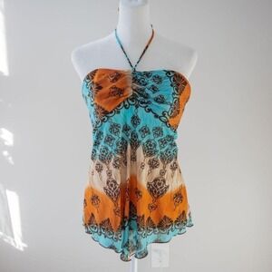 Y2K Boho Orange Teal Blue Geometric Beach Summer Tie Halter Women's top